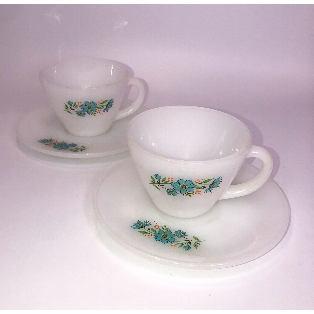 Vtg Fire King Bonnie Blue Carnation Cup Saucer Set 2 Coffee Tea MCM Milk Glass